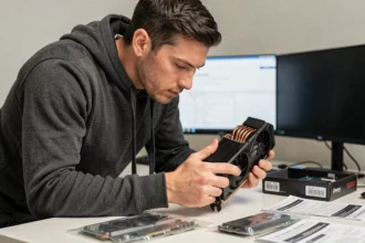 Ingénieur tenant une carte graphique RTX haut de gamme dans un bureau informatique moderne