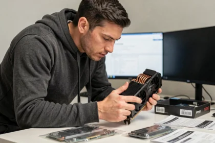 Ingénieur tenant une carte graphique RTX haut de gamme dans un bureau informatique moderne