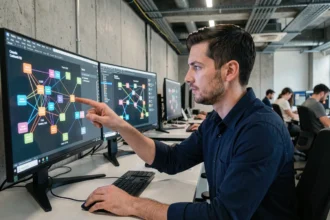 Ingénieur informatique analysant des diagrammes de réseau pod CIDR sur plusieurs écrans dans un bureau tech moderne