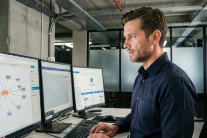 Ingénieur en sécurité informatique analysant un tableau de bord Zero Trust Cloudflare sur plusieurs écrans dans un bureau moderne