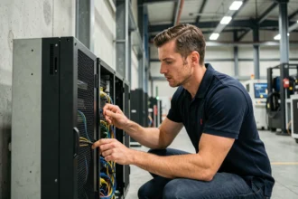 Ingénieur réseau configurant un serveur edge computing dans une installation industrielle moderne