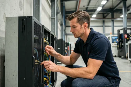 Ingénieur réseau configurant un serveur edge computing dans une installation industrielle moderne