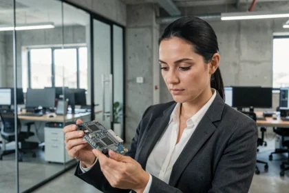 Ingénieure analysant un circuit imprimé dans un bureau technologique moderne, illustrant les avantages de l'innovation technologique