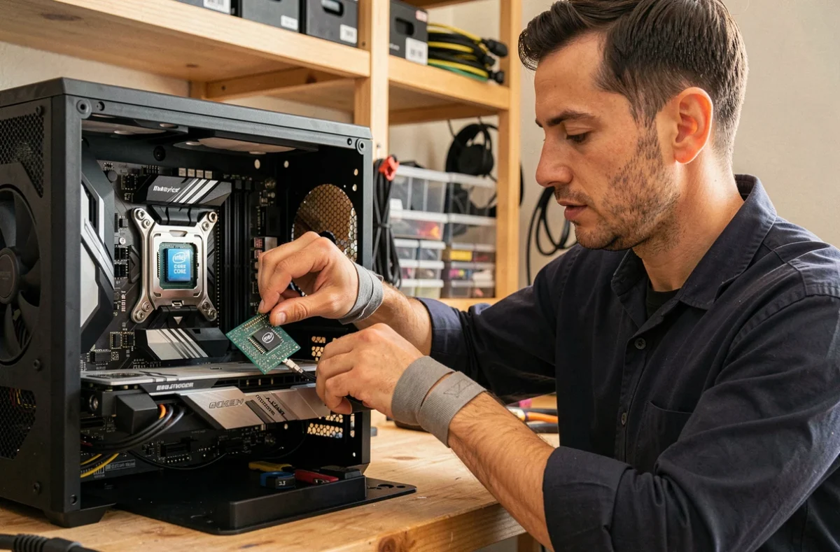 Technicien installant un processeur Intel Core i dans un socket de carte mère lors d'un montage PC