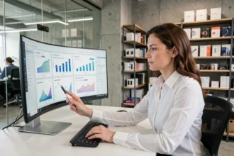 Femme analysant des données d'intelligence artificielle sur un écran dans un bureau de commerce moderne