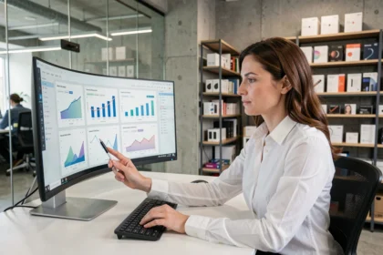 Femme analysant des données d'intelligence artificielle sur un écran dans un bureau de commerce moderne