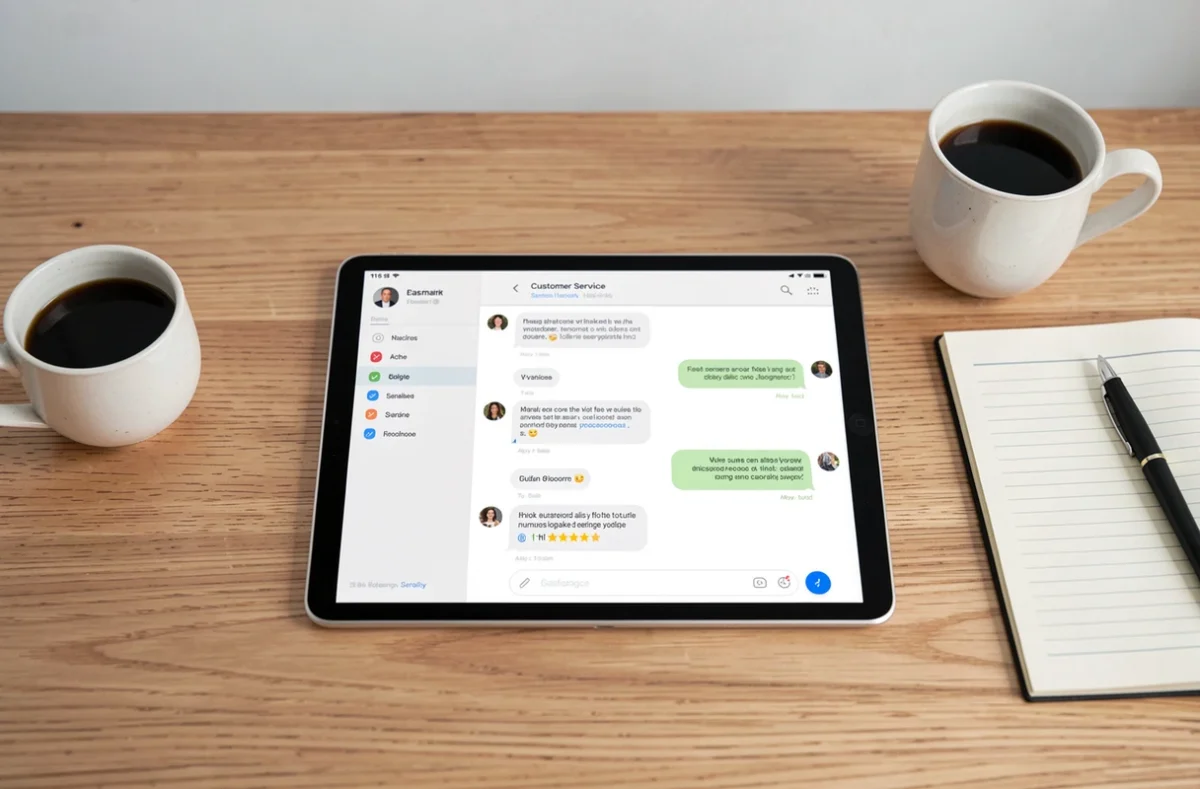 Interface de chatbot affichant une évaluation de satisfaction client cinq étoiles sur une tablette posée sur un bureau