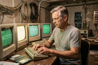 Ingénieur des années 1980 travaillant sur les premiers ordinateurs, pionniers du monde virtuel