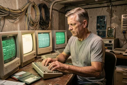Ingénieur des années 1980 travaillant sur les premiers ordinateurs, pionniers du monde virtuel
