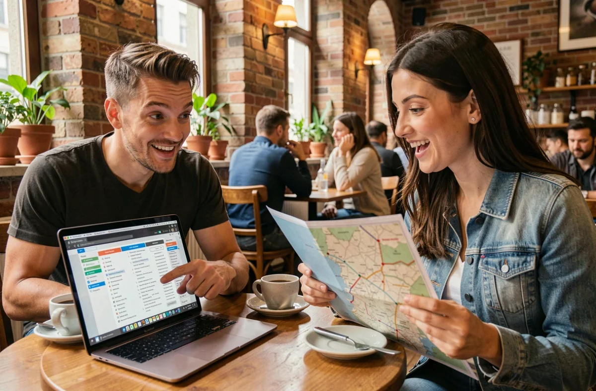 Couple dans un café consultant un itinéraire de voyage sur ordinateur portable et carte imprimée
