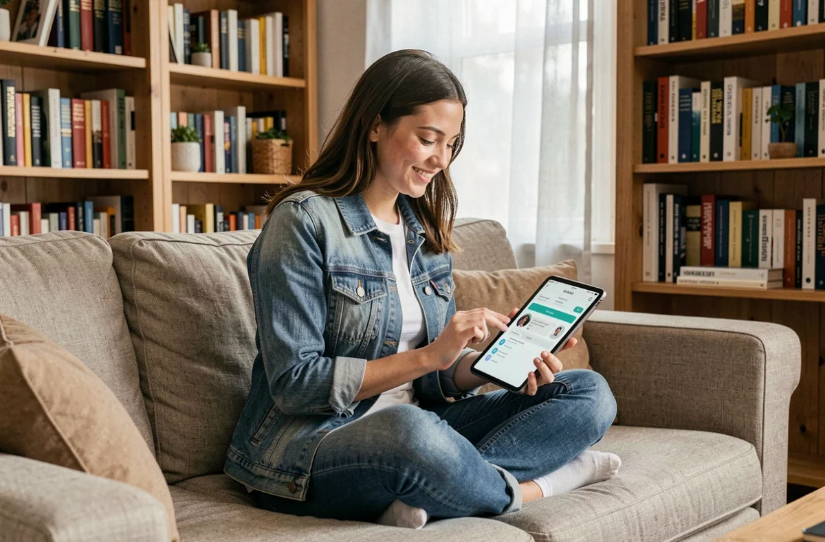 Jeune femme interagissant avec un assistant conversationnel sur une tablette dans son salon