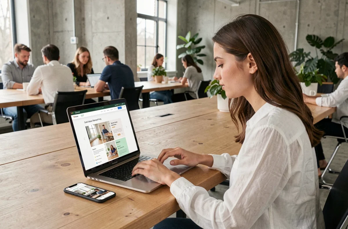 Jeune femme dans un espace de coworking consultant un design web responsive sur ordinateur portable et smartphone
