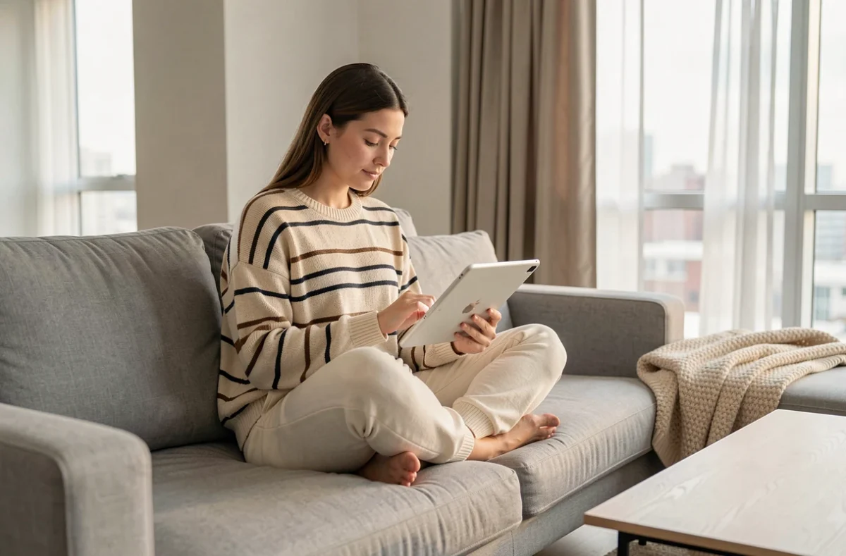 Jeune femme rédigeant un email sur tablette depuis son canapé dans un appartement minimaliste