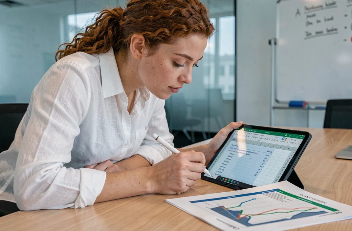 Jeune femme consultant une formule RECHERCHEV Excel sur tablette en salle de réunion
