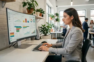Professionnelle du marketing digital analysant des tableaux de bord et outils logiciels sur un écran incurvé dans un open space moderne