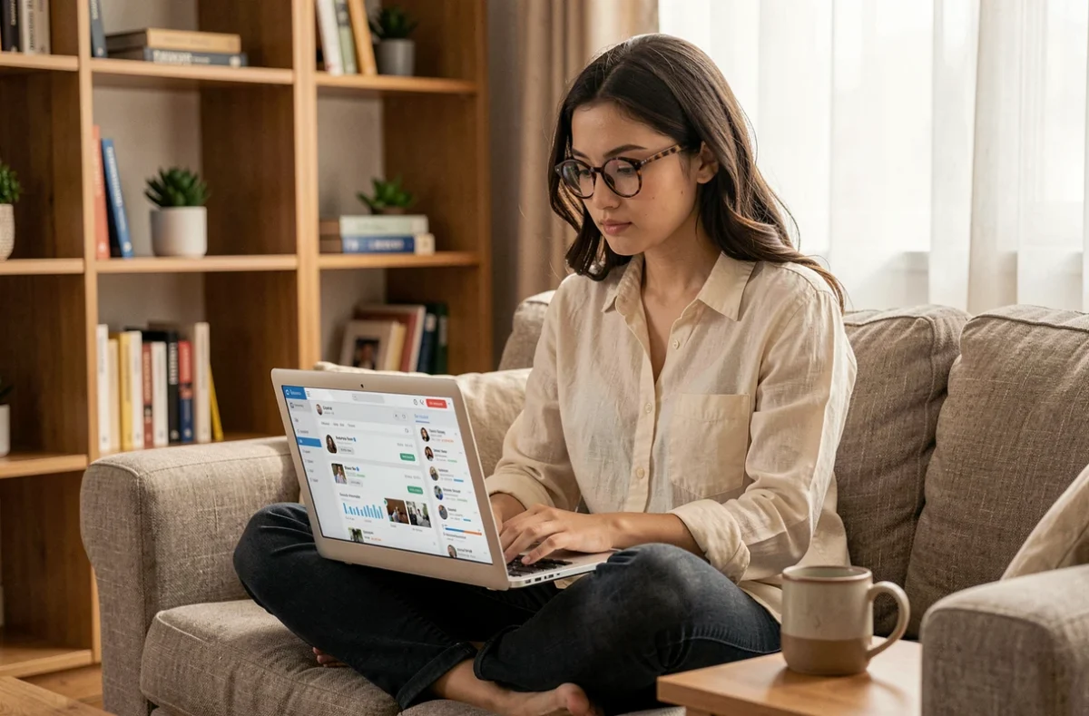 Freelance en marketing digital gérant des publications sur les réseaux sociaux depuis son bureau à domicile avec un outil de planification en ligne