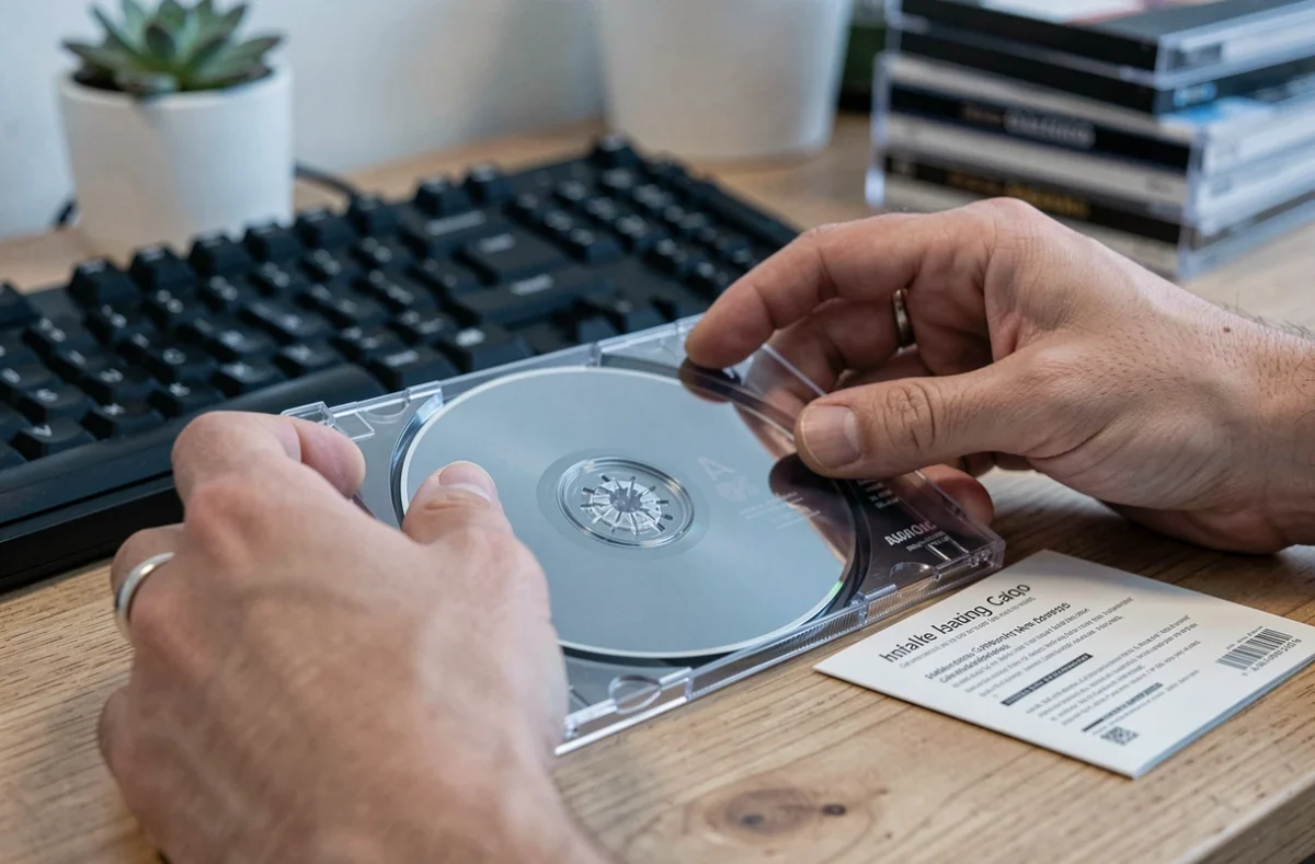 Mains ouvrant un boîtier CD avec livret visible sur un bureau en bois, gros plan détaillé
