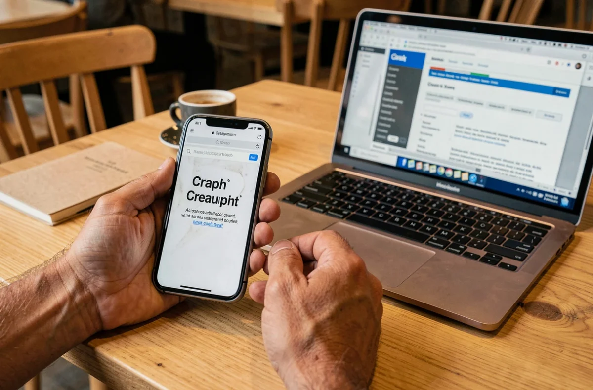 Mains tenant un smartphone avec un message d'erreur de navigateur à côté d'un ordinateur portable affichant une page cassée dans un café