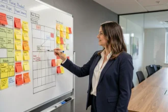 Femme d'affaires pointant un tableau de mapping des risques avec matrices et post-its colorés dans une salle de réunion moderne