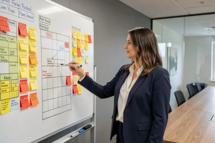 Femme d'affaires pointant un tableau de mapping des risques avec matrices et post-its colorés dans une salle de réunion moderne
