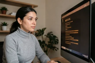 Femme regardant un écran d'ordinateur avec du texte en couleur ambrée, illustrant la meilleure couleur pour les yeux sur un écran