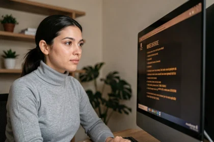 Femme regardant un écran d'ordinateur avec du texte en couleur ambrée, illustrant la meilleure couleur pour les yeux sur un écran
