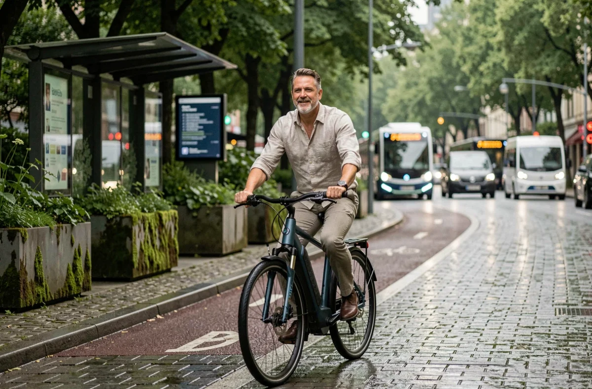 Homme à vélo électrique dans une ville verte et durable en 2026