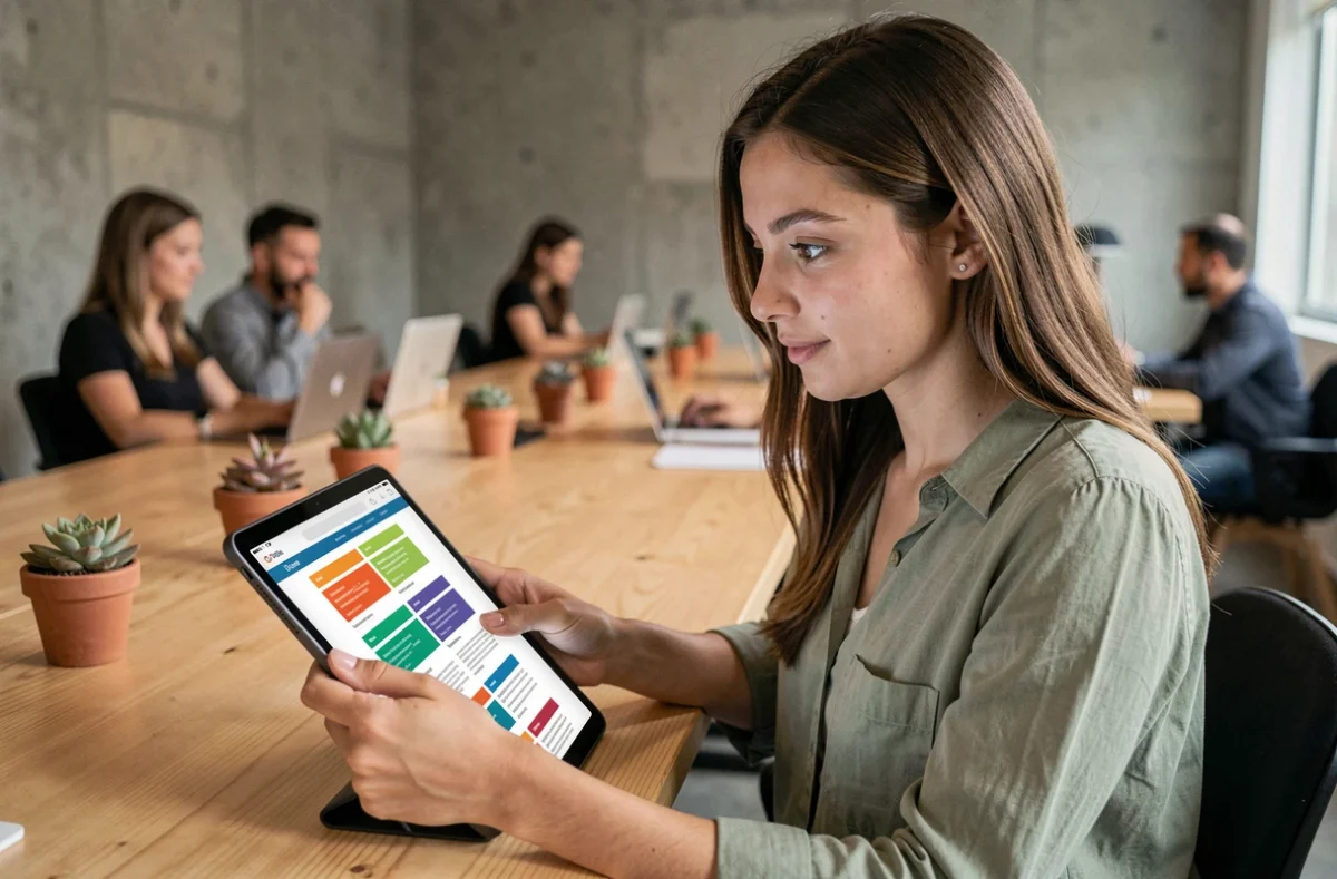 Jeune femme consultant des modèles d'emails attractifs sur une tablette dans un espace de coworking