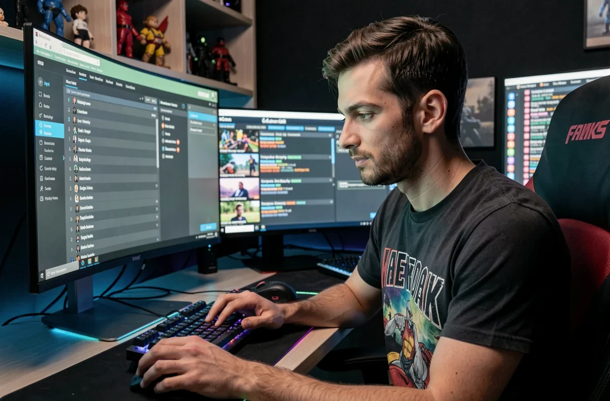 Modérateur de jeu en ligne gérant une liste de bannissements depuis un poste de jeu avec écrans multiples