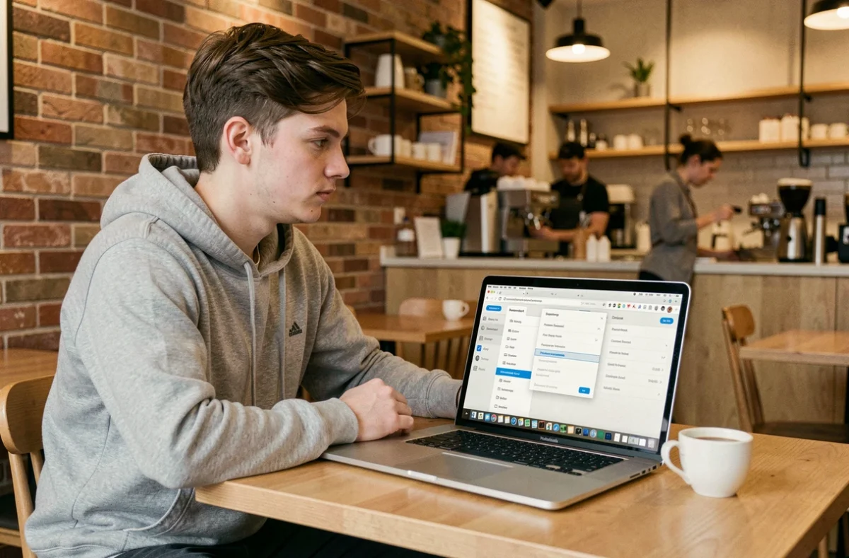 Jeune personne naviguant vers les paramètres de mots de passe dans un navigateur web depuis un café