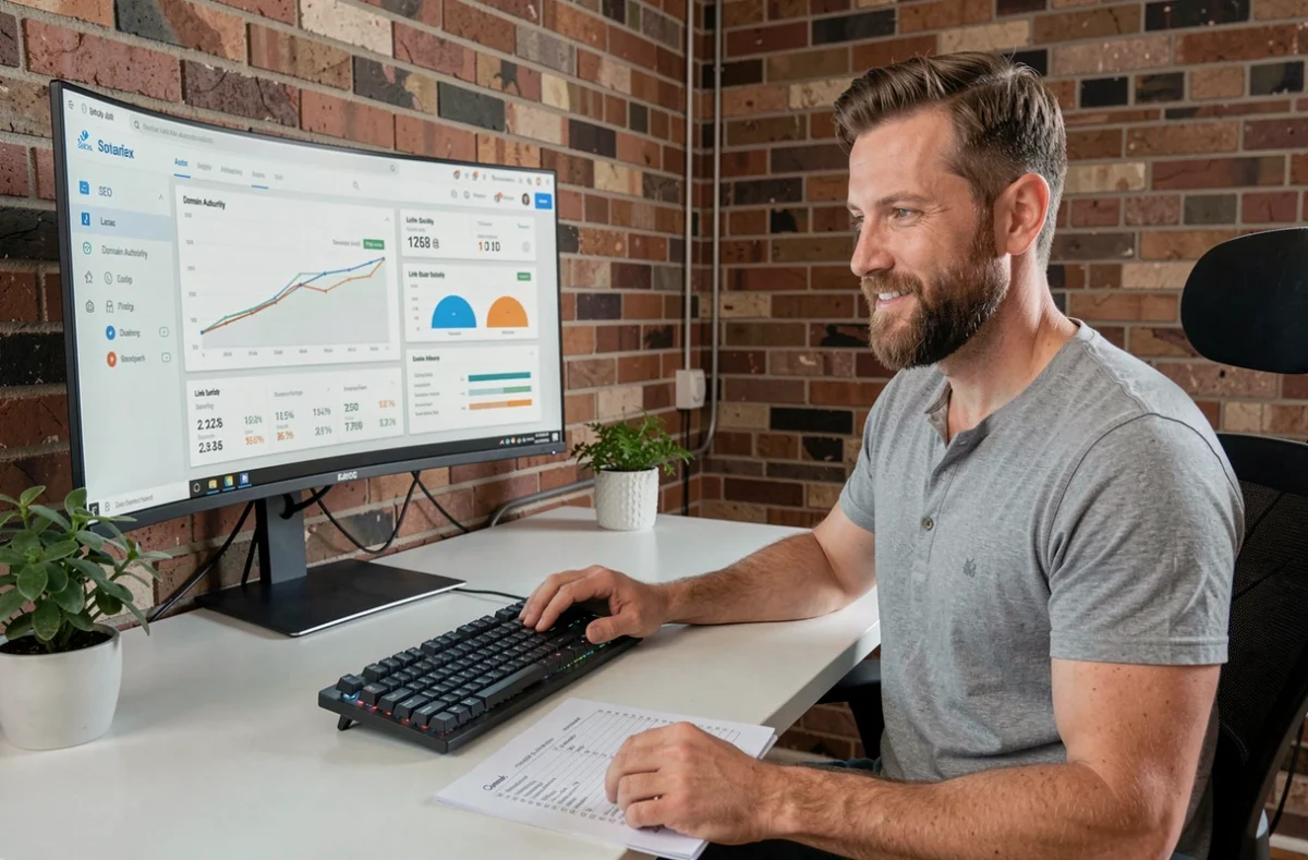 Homme travaillant sur une stratégie de netlinking avec un tableau de bord SEO affiché sur un grand écran dans un bureau à domicile