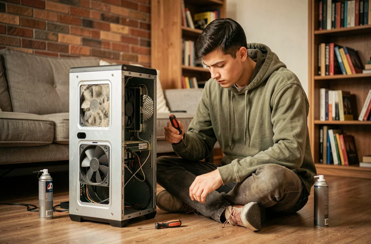Jeune homme ouvrant un PC de bureau poussiéreux pour le nettoyer et améliorer ses performances