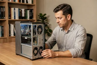 Homme analysant les composants internes d'un ordinateur de bureau ouvert dans un bureau moderne, illustrant le concept de système automatisé
