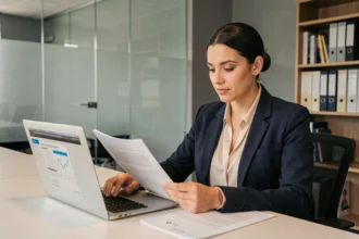Femme professionnelle consultant des outils de protection et documents de sécurité dans un bureau moderne