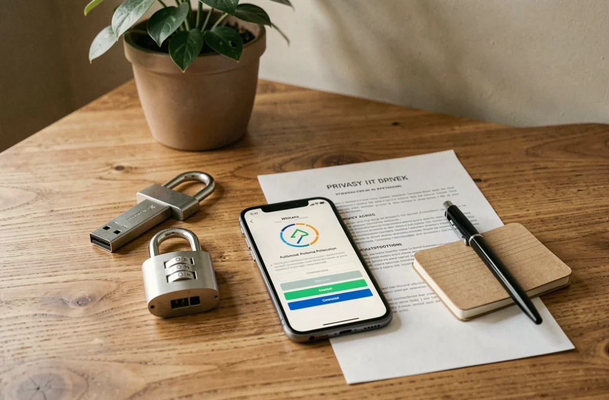 Vue du dessus d'une collection d'outils de protection numérique et physique sur un bureau en bois