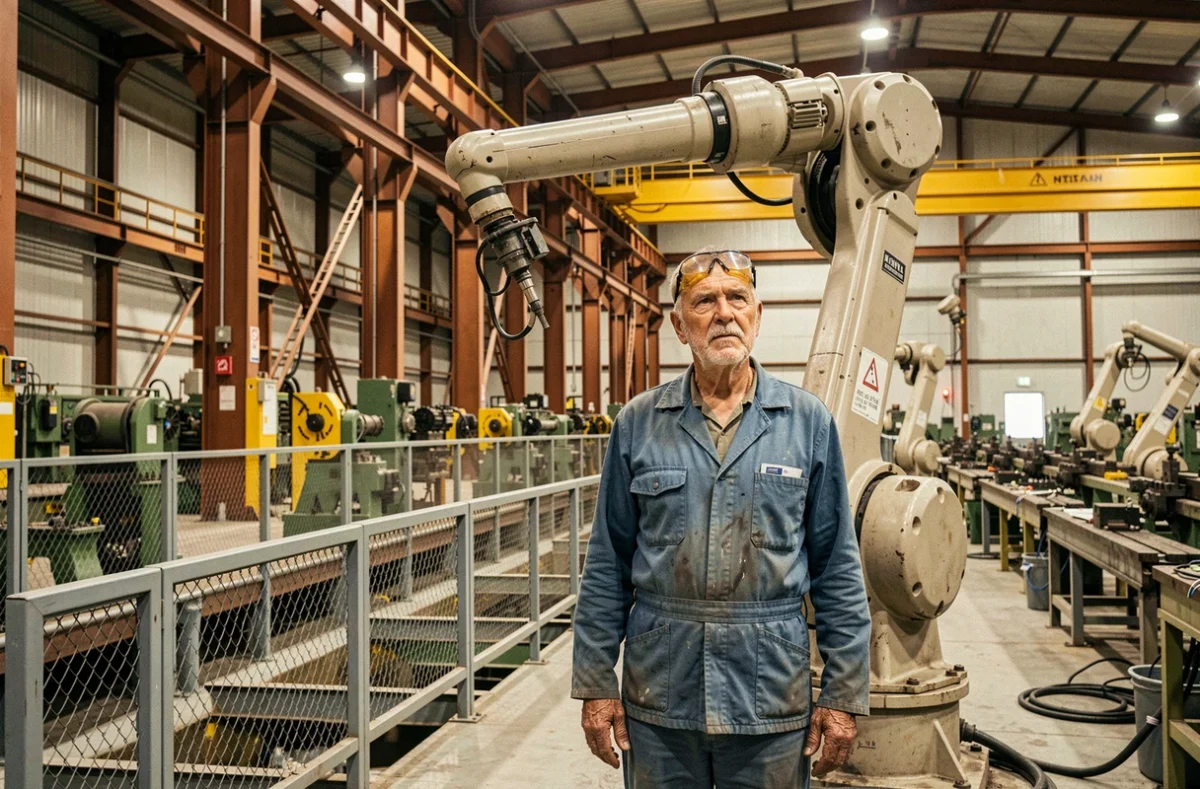 Ouvrier d'usine face à un bras robotique automatisé, symbolisant les inconvénients et les risques de l'automatisation industrielle