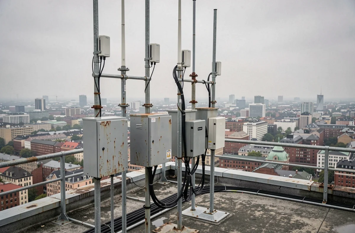 Passerelle IoT industrielle et antennes sans fil installées sur un toit urbain