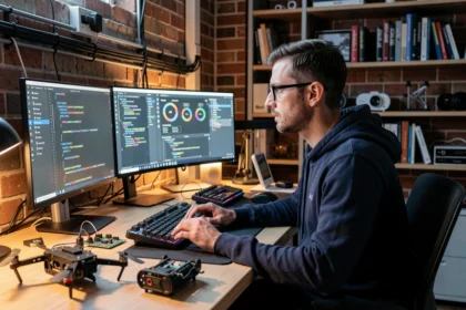 Passionné de technologie assis devant plusieurs écrans d'ordinateur dans un bureau high-tech moderne