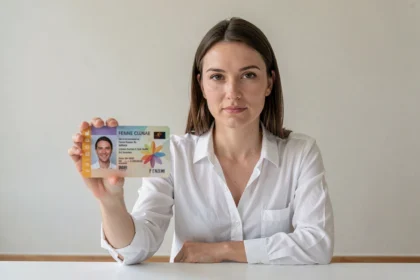 Femme tenant une carte d'identité française face à un mur blanc pour une photo conforme aux normes ANTS