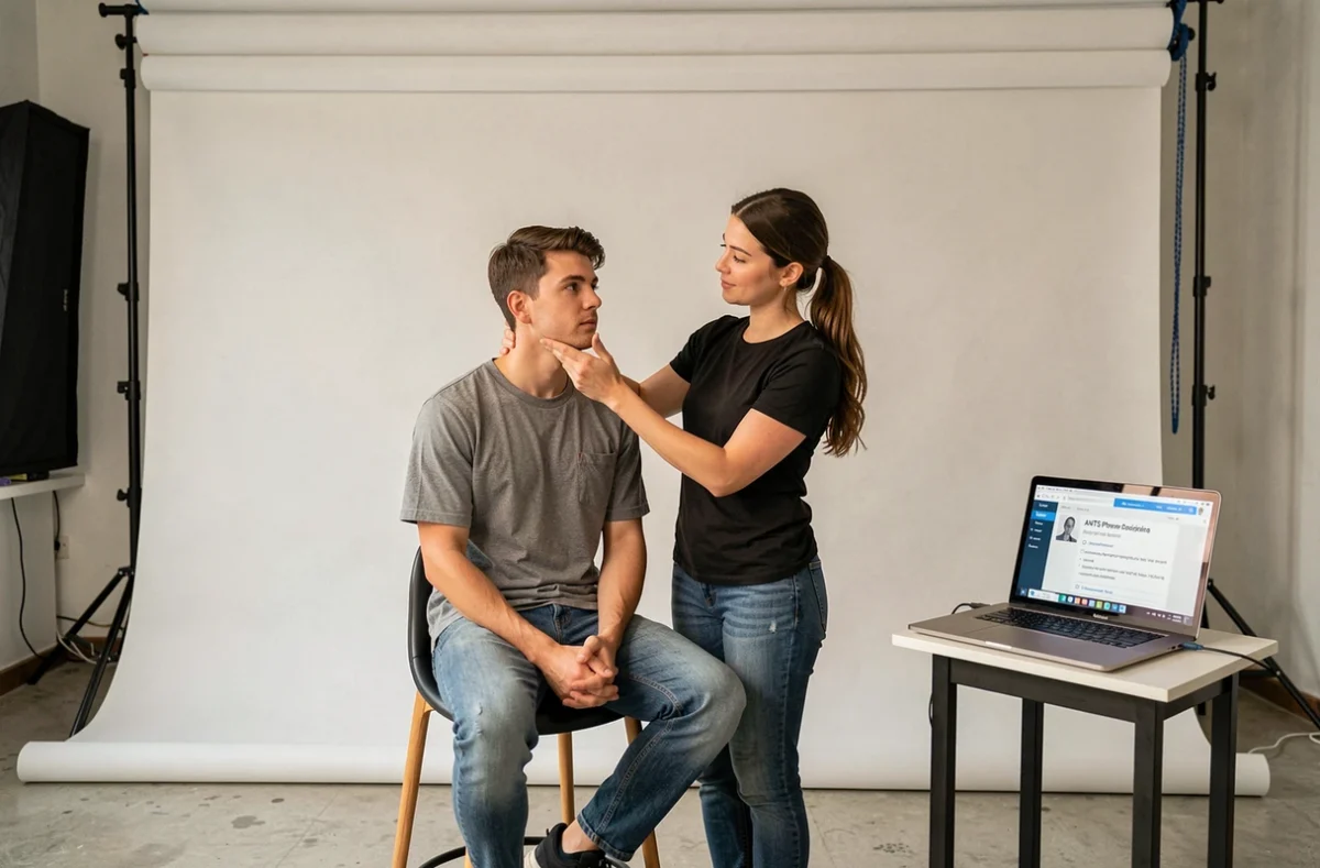 Photographe professionnelle guidant un client pour réaliser une photo d'identité conforme aux normes ANTS en studio