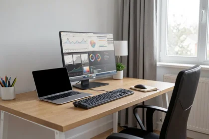 Poste de travail informatique avec ordinateur portable, écran et clavier
