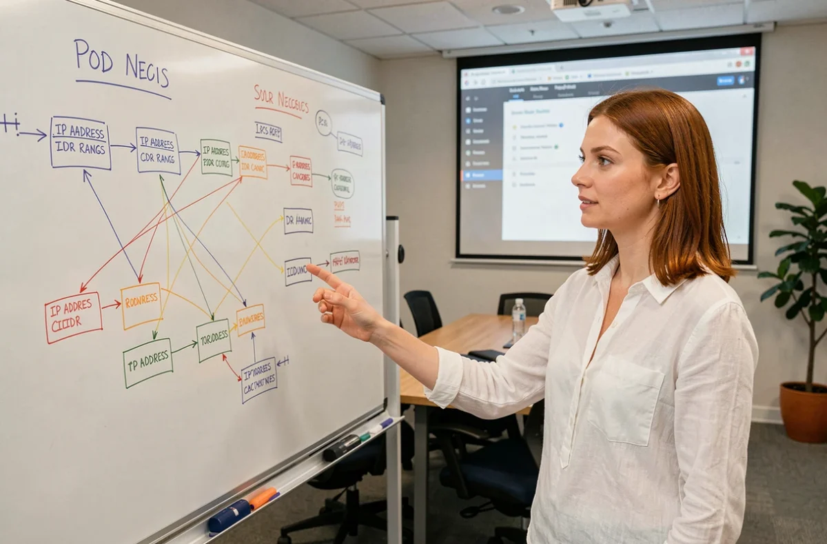 Femme présentant des concepts de réseau CIDR et d'adressage IP de pods sur un tableau blanc en salle de formation
