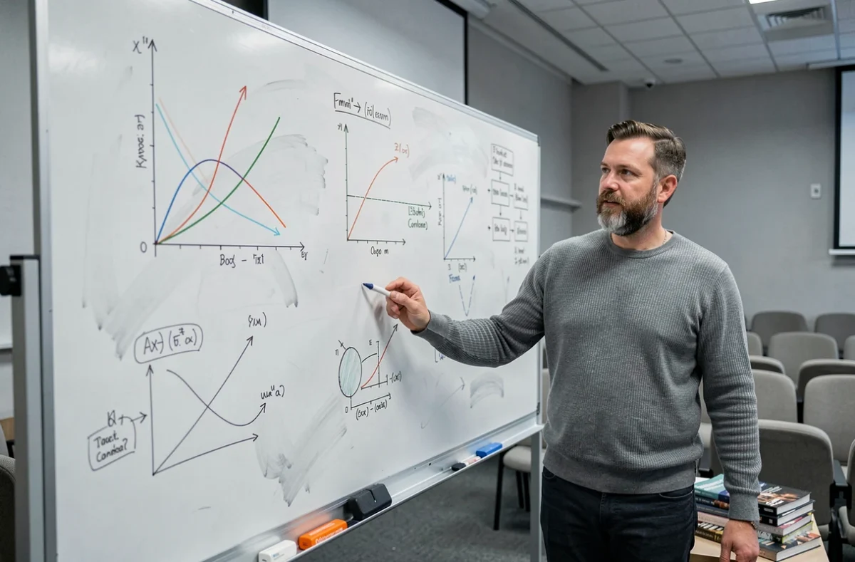 Professeur devant un tableau blanc rempli de courbes et diagrammes illustrant différentes méthodes d'optimisation mathématique