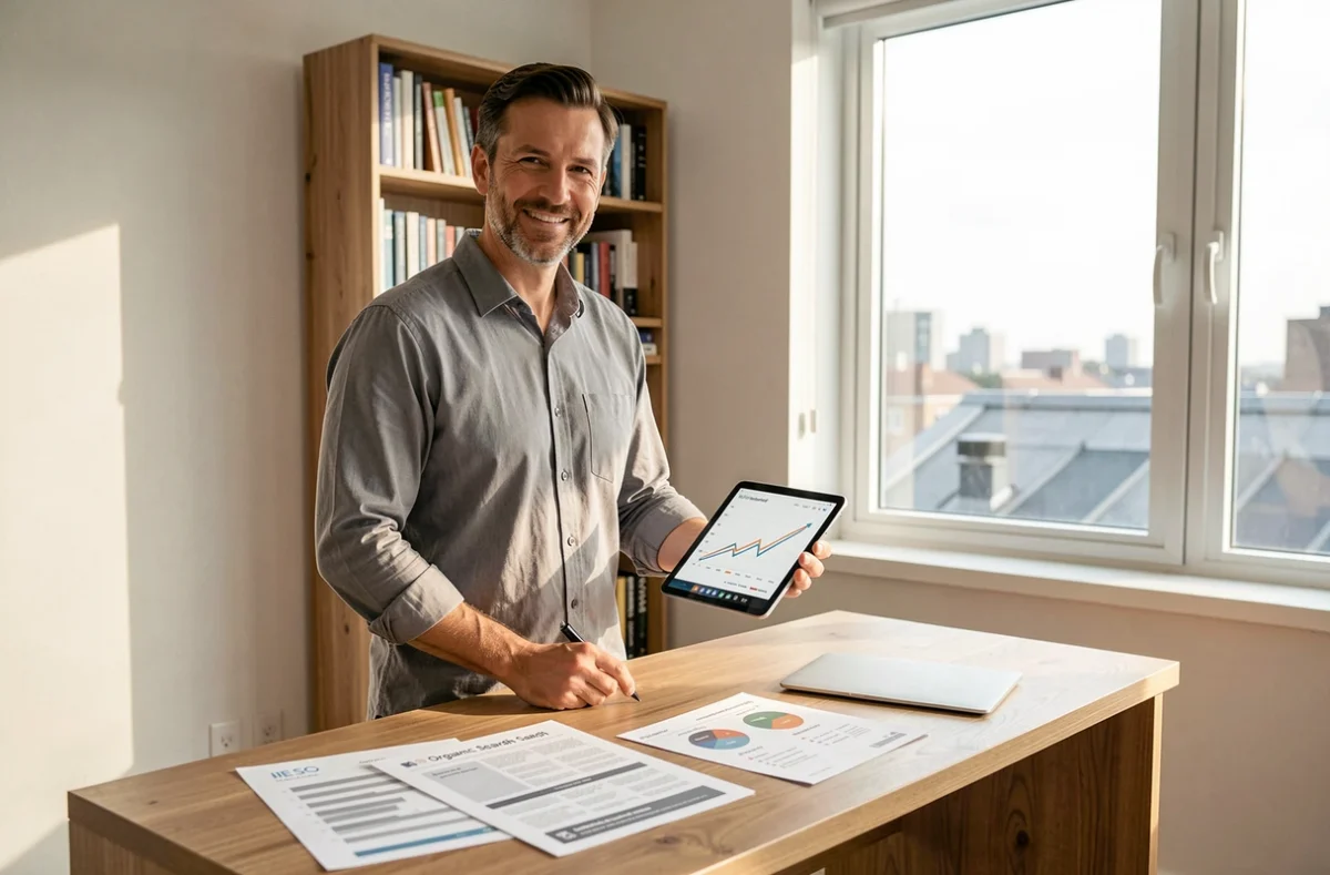 Professionnel du marketing digital debout dans un bureau à domicile analysant des rapports de KPI SEO sur tablette et papier