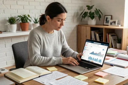 Femme analysant des mots clefs sur un ordinateur portable dans un bureau à domicile organisé