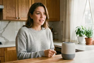 Femme utilisant un assistant vocal sur un comptoir de cuisine pour effectuer une recherche vocale