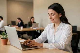 Femme professionnelle rédigeant un email attractif sur son ordinateur portable dans un bureau moderne