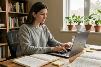 Rédactrice web qui écrit du contenu SEO sur son ordinateur portable dans un bureau à domicile organisé