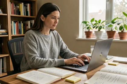 Rédactrice web qui écrit du contenu SEO sur son ordinateur portable dans un bureau à domicile organisé