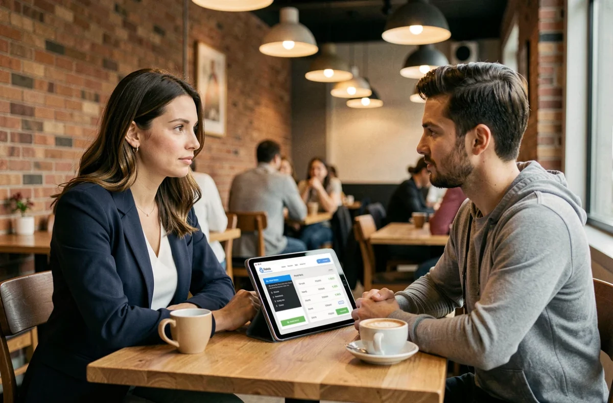 Femme entrepreneur en réunion avec un freelance web designer discutant du coût de création d'un site internet dans un café